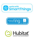 Logos showing compatibility with SmartThings, Ring, and Hubitat connected smart devices.