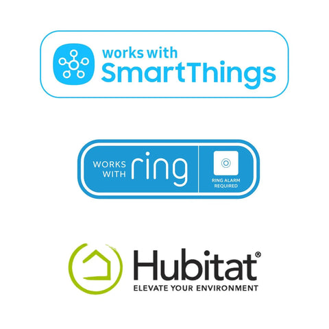 Logos showing compatibility with SmartThings, Ring, and Hubitat connected smart devices.