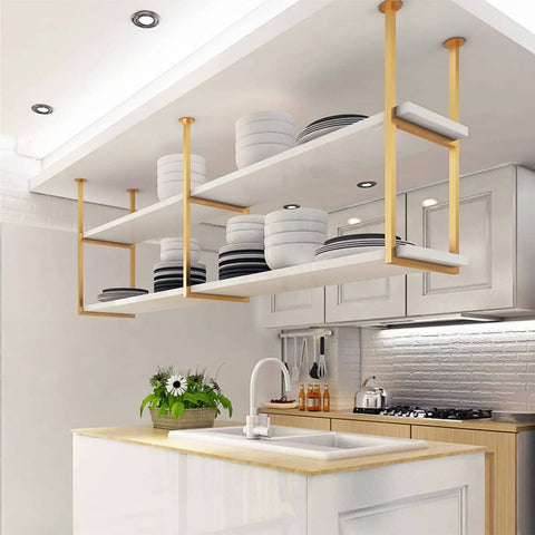 Industrial Ceiling Shelf With White Wood Planks And Iron Brackets Retro Kitchen Bar Shelving Overhead Storage Rack Plant Stand
