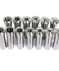 Thirteen Piece Precision R8 Collets Set For Milling Machines With Chuck Holder Kit From One Eighth Inch To Seven Eighth Inch Hardened And Ground To.0006 TIR Includes Seven Sixteenth Inch 20 Drawbar Thread Pro Grade For Fast Accurate Milling, showing various sizes laid in a row on a white surface.