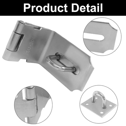 Close-up of 2 Pack 4 Inch 90 Degree Stainless Steel Hasp Latch Set with screw holes and hinge detail.