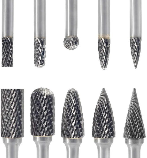 10 Piece Pro Grade Heavy Duty Carbide Burr Set For Die Grinder Bits With Quarter Inch Shank And Half Inch And Quarter Inch Head Diameters