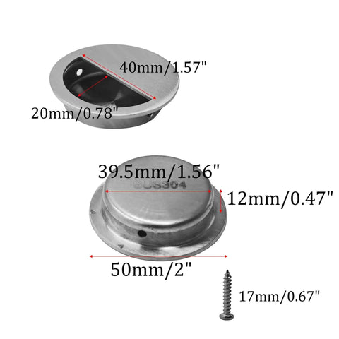 Two Pack Round Flush Cabinet Pulls 50mm Diameter Hidden Door Handles With Mounting Screws, stainless steel measurements shown
