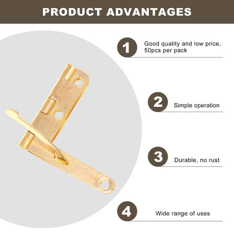 Golden Iron Decorative Hinges For Jewelry Boxes And Chests Rust Resistant DIY Friendly Easy Install hinge with features list.