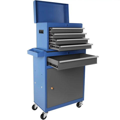 Blue Large Rolling Tool Chest With 5 Drawers On Wheels Detachable Top Box 2 In 1 Tool Cabinet Includes Organizer Bins Gray