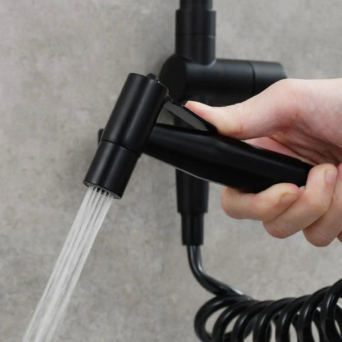 Hand using side sprayer of Brass Kitchen Faucet With Side Sprayer And Wall Mount Pot Filler, 360 Degree Rotating Double Joint Swing Arm, Single Handle Black Finish, Over Stove Reach, Easy Clean Aerator, Built To Last