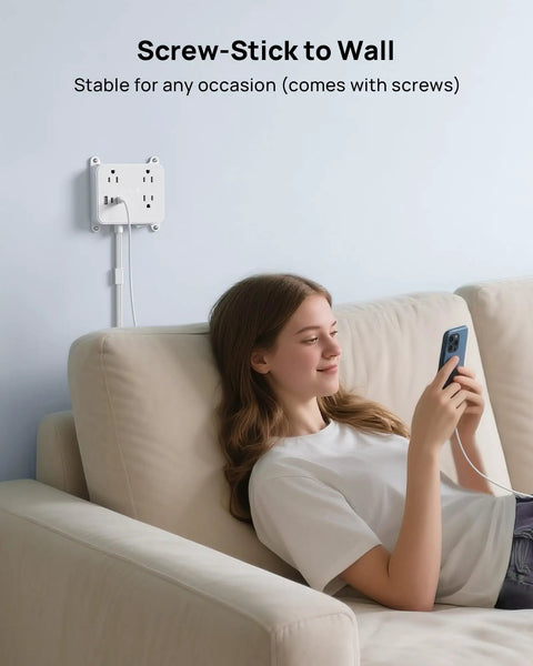 Woman using phone next to 3 Outlet Power Strip With 3 USB Ports And 10 Foot Cord, Flat Plug, Wall Mountable on wall, White