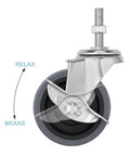 Heavy Duty Three Inch Gray Swivel Caster Wheels Set Of Four With Side Lock Brakes And Three Eighth Threaded Stem close-up view showing brake mechanism.