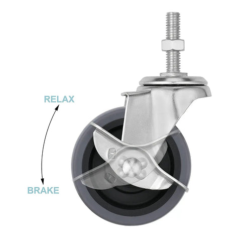 Heavy Duty Three Inch Gray Swivel Caster Wheels Set Of Four With Side Lock Brakes And Three Eighth Threaded Stem close-up view showing brake mechanism.