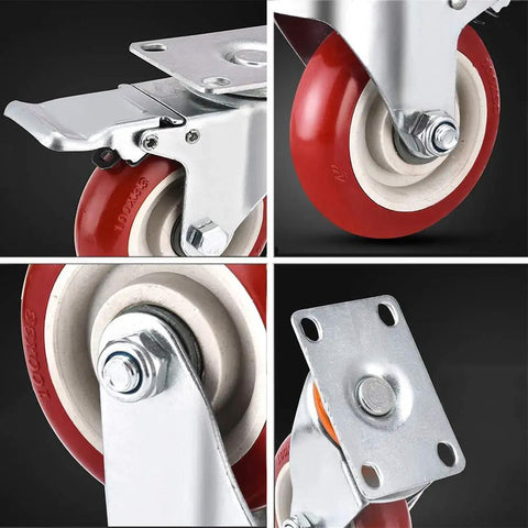 Heavy Duty Rubber Castor Wheels With Brakes Pack Of Four showing sturdy metal hub, red rubber tread, and locking mechanism.