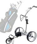 Electric Golf Push Cart With Nine Speed Controls And Rugged Three Wheel Design Features Automatic Fixed Distance Cruise Memory Function on course with golf bag.