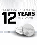 Heavy Hitters Cr2032 3V Lithium Coin Batteries 10 Pack with 12 year shelf life, two silver coin cells displayed.