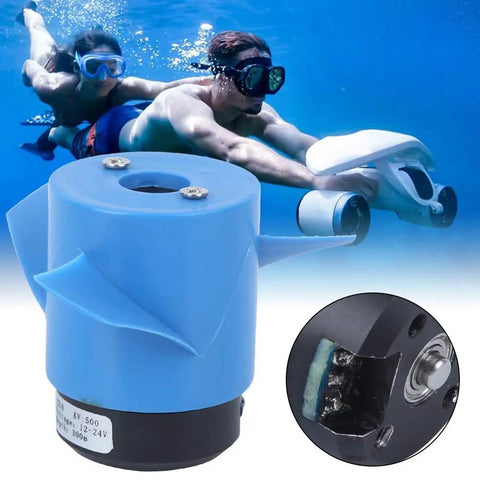 Beefy 12Kg Thrust RC Underwater Thruster With 60mm Propeller 6000 RPM, blue thruster in foreground, divers in background.