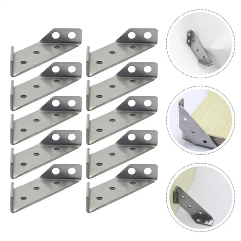 Image of Heavy Duty Stainless Steel Corner Braces, 10 Pack, Angle Brackets For Shelf Support and Cabinet Reinforcement displayed in a group.