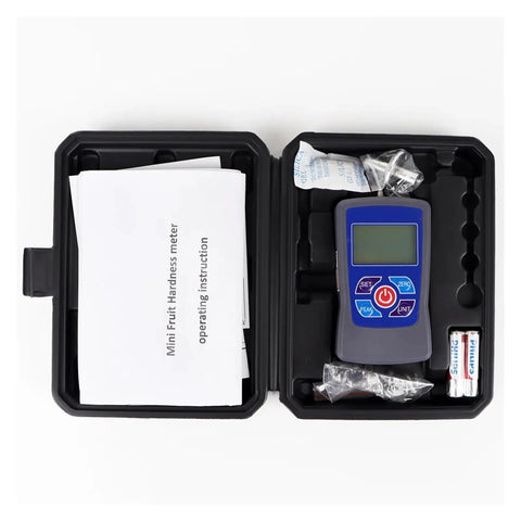 Digital Fruit Hardness Tester Penetrometer For Apples Pears Grapes Oranges Dead Nuts in black case with instructions.