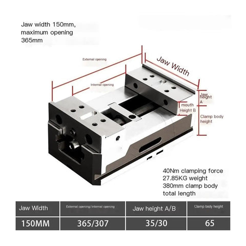 Heavy Duty Self Centering Vise With Concentric Parallel Jaws For Pipe Clamping And CNC Fixtures, 150mm jaw width, dimensions labeled.