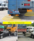 Four Sensor Parking Sensor Kit installed on truck with plug-in installation, showing detection range and preventing collisions.
