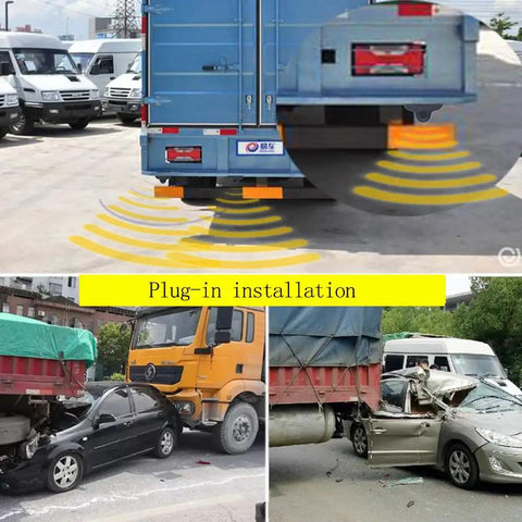 Four Sensor Parking Sensor Kit installed on truck with plug-in installation, showing detection range and preventing collisions.