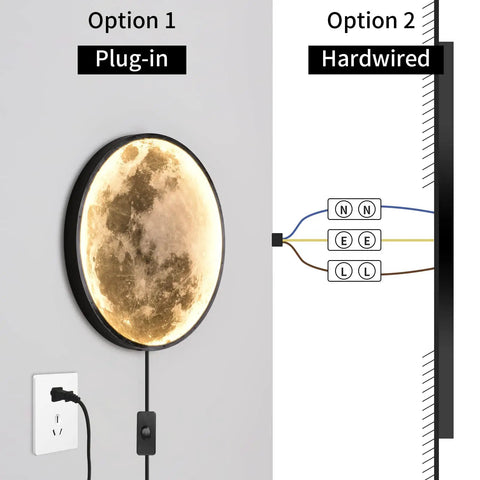 Comparison of plug-in and hardwired setup for Dimmable Moon Wall Sconce With Remote, Plug-In LED Wall Light, 9.5 Inch Black Indoor Wall Lamp.