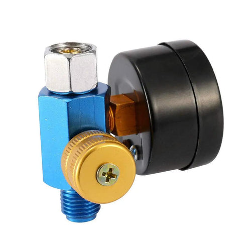 Kickass Adjustable HVLP Spray Gun Pressure Regulator With Crystal Dial Gauge And Quarter NPT Hookup showing detailed components and connection fittings.