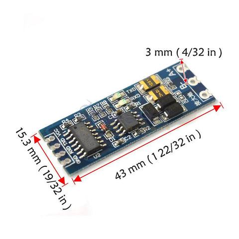 Bi-Directional TTL to RS485 Converter Module Kit With Auto Direction Control For Industrial Automation And PLC Systems, 10-Pack, 3.3V And 5V Compatible, LED RX TX Indicators, Supports Up To 128 Devices On The Bus, Hot-Swap Ready. Image shows dimensions of the converter module.