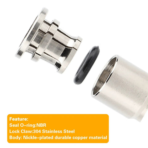 Close-up of Stainless Steel Quarter Inch Tube Push To Connect Fittings 90 Degree Elbow Quick Connect showing seal and lock components.