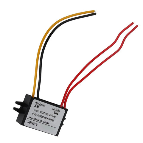 Badass Waterproof Step Down Voltage Converter AC DC Power Module With IP67 Sealing And Overload Protection Zero Hassle 12V Adapter, compact size, features red, black, and yellow wires.