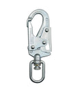 Heavy duty double latch snap hook for No Nonsense 11 Ft Single Leg Self Retracting Lifeline, smooth galvanized steel, robust design.