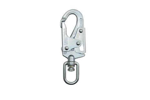 Heavy duty double latch snap hook for No Nonsense 11 Ft Single Leg Self Retracting Lifeline, smooth galvanized steel, robust design.