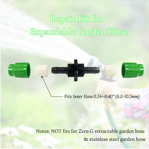 Expandable Hose Repair Kit Three Piece Set shown with connectors and fittings for garden hoses 0.24 to 0.40 inches.