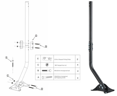 Adjustable Outdoor Antenna Mounting Pole With Universal J Pipe Mount for Antenna and Weather Station, assembly diagram and black pole