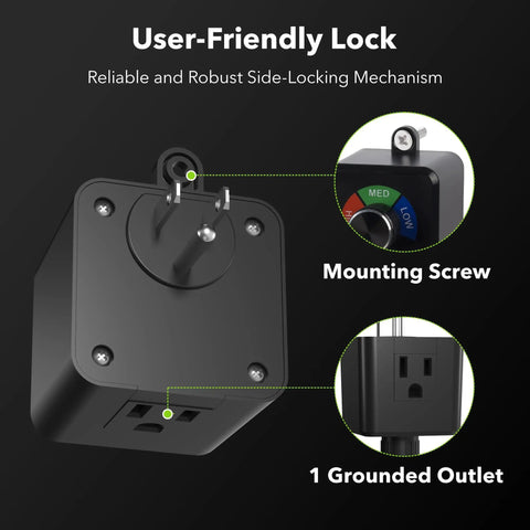 Plug In 3 Speed Fan Speed Controller with easy knob for inline duct exhaust fans showing mounting screw and grounded outlet.