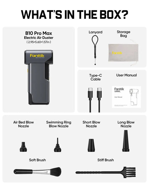 "What's in the box: B10 Pro Max Cordless Electric Air Duster with accessories including nozzles, brushes, storage bag, and cables."