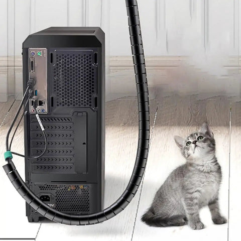 10m Black Spiral Cable Sleeve For Pet Proof Cord Management And Desk Wire Protection Kit with kitten nearby