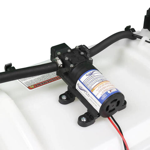Close-up of 15 Gallon UTV And ATV Spot Sprayer With 1.0 GPM Pump, 40 PSI Max, focusing on the pump and wiring connectors.