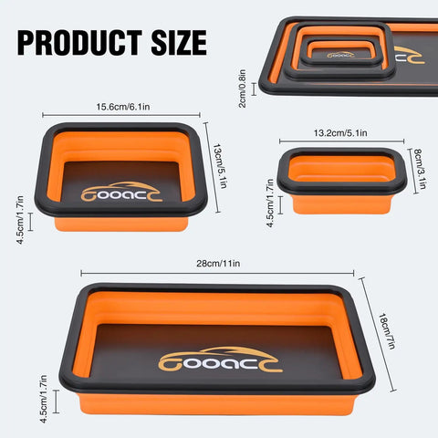 Orange Silicone Collapsible Magnetic Parts Tray Set In Three Sizes, Foldable Tool Trays with size dimensions listed