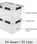 Built To Last Clear Storage Bins 54 Quart 2 Pack, Stackable Plastic Totes With Tight Lids, Gasket Sealed Waterproof Containers showing comfort grip and silicone seal.