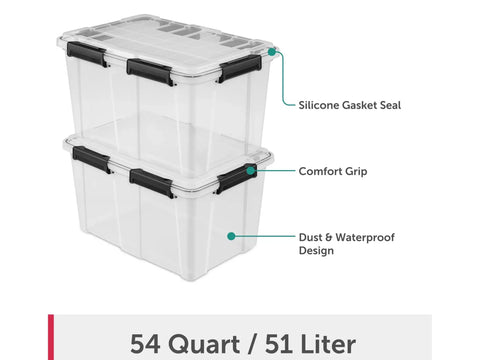 Built To Last Clear Storage Bins 54 Quart 2 Pack, Stackable Plastic Totes With Tight Lids, Gasket Sealed Waterproof Containers showing comfort grip and silicone seal.