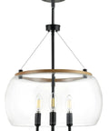Orono 3 Light On Trend Modern Farmhouse Black Pendant Ceiling Light With Wood Accent And Clear Glass Shades for kitchen island.