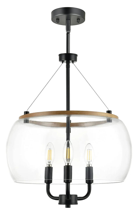 Orono 3 Light On Trend Modern Farmhouse Black Pendant Ceiling Light With Wood Accent And Clear Glass Shades for kitchen island.