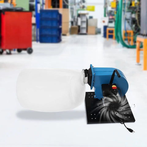 Powerful 1HP Wall Mounted Dust Collector With 550 CFM Strong Suction And 14.8 Gallon Collection Bag, showcased in workshop setting.