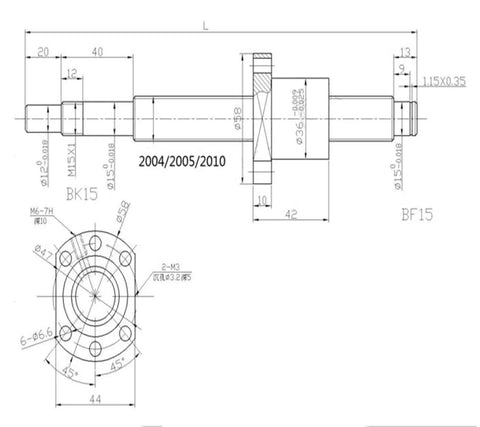Technical drawing of Beefy DIY CNC Ball Screw SFU2005 400mm Long 20mm Diameter 5mm Pitch dimensions for routers and lathes.
