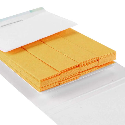 Pro Grade pH Test Strips Kit 6.9 to 8.4 Indicator Paper close-up showing 10 pieces of orange litmus strips in a pack