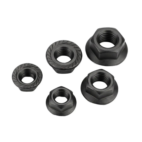 Bad Boy M6 Serrated Flange Hex Lock Nuts 25 Pack Heavy Duty Stainless Steel 304 in various sizes with black oxide finish.