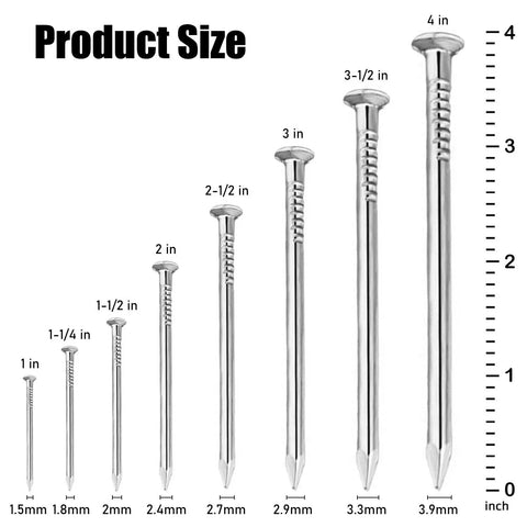 Various sizes of Built Tough 3 Inch Stainless Steel 304 Hanging Nails displayed for picture mounting.