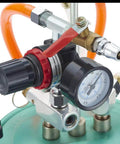 Close-up of pressure gauge and regulator on Pro Grade Heavy Duty 5L Pneumatic Paint Pressure Pot With Upgraded 6 Hole Air Spray Gun.