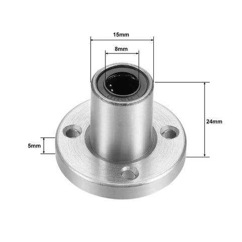 LM8UU Round Flange Linear Ball Bearing Bushing 8 mm Bore Shop Grade Chrome Steel with 15mm diameter and 24mm height.