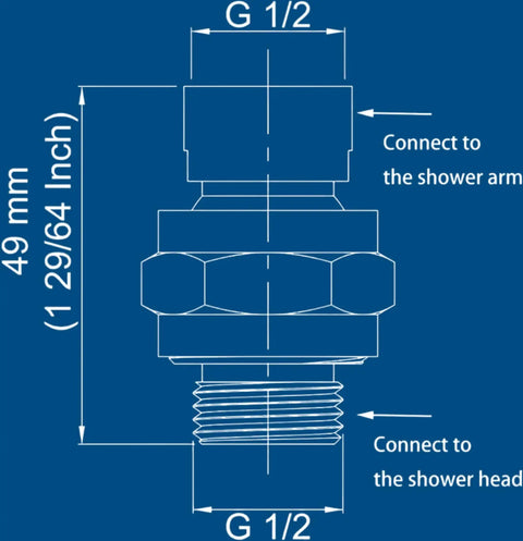 Solid Brass Shower Connector Ball Joint Swivel Adapter Chrome, Adjustable Shower Arm Extension, Leak Free Universal Shower Head Holder, Built To Last Brass Construction For High Pressure Easy Install G 1/2 thread diagram, 49 mm