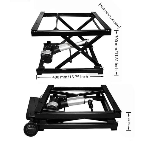Premium Electric Scissor Lift Table With Folding Top For Small Spaces Heavy Duty Lift Off Coffee Table Black Steel Frame dimensions and mechanism view