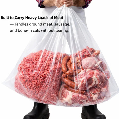 Heavy Duty 50 Pound Meat Lug Liners, 10 Pack, 4 Mil Thick Tub Liners For Meat Totes filled with ground meat and sausage